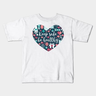 Keep safe be healthy // heart print // navy blue background aqua mint red white and coral medicine elements Kids T-Shirt